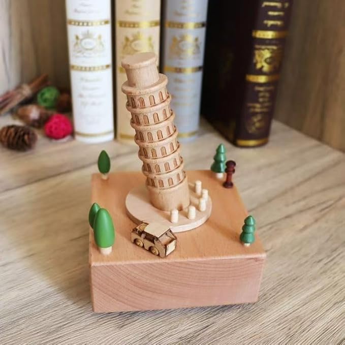 Natural Solid Wood Handcrafted Beech Wooden, Musical FigureTotoro/Carousel/Fairy/Ballerina Figurine,Rotating Hand Crank Mechanism Music Box,Musical Decorations (Leaning Tower of Pisa)