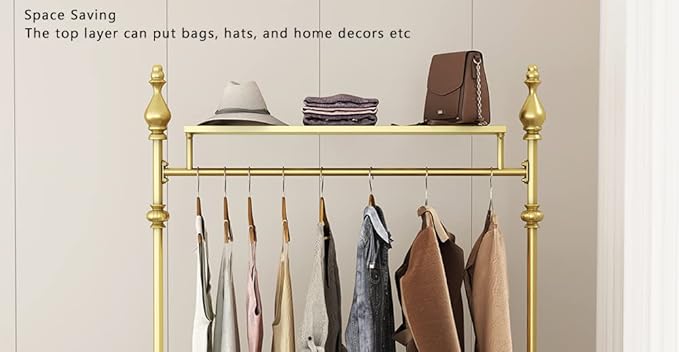 Clothing Rack Gold, Industrial Clothes Rack for hanging Clothes with Double Shelves Freestanding Multi-functional Heavy Duty Garment Rack, Metal Movable Coat Rack for Organizing Clothes Shoes