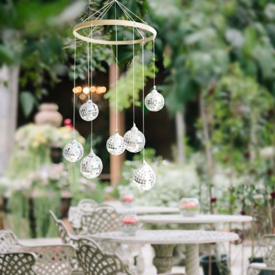 Dazzling Disco Ball Mobile, Spiral Spinner Ball, 7.8 Inch Nature Bamboo Circle, Indoor Outdoor Yard Garden Patio Home Decoration for Party Activities Wedding Birthday Music Festival