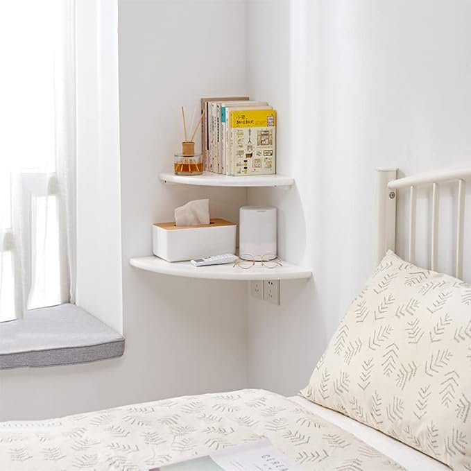 White Corner Shelf, Wall Mount Natural Oak Wood Floating Corner Wall Shelf Round End Small Corner Nightstand Plant Shelf for Bedroom, Kitchen, Living Room 7inch