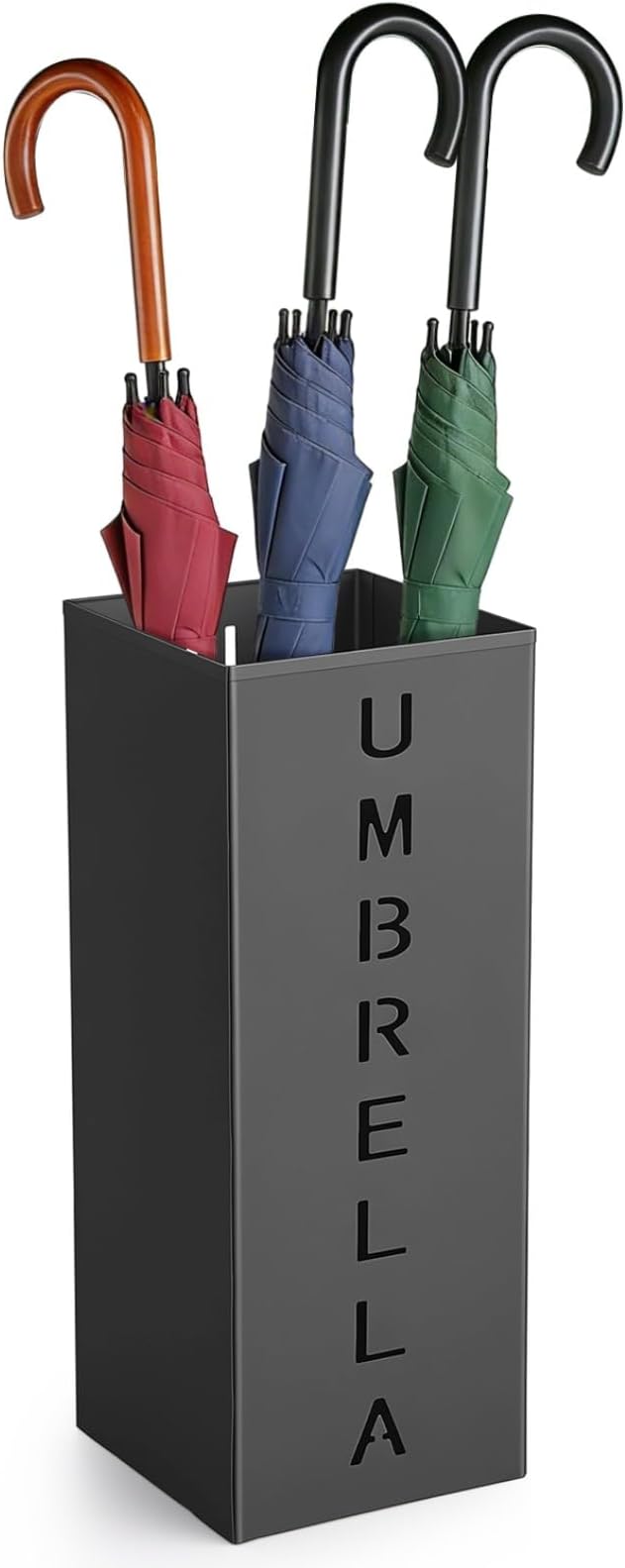 Square Metal Umbrella Holder Stand, Free Standing Umbrella Rack with Hollow Letter Pattern, Coated Steel Walking Stick Storage Bin for Indoor Entryway, Home, Office and Hotel