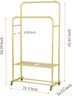 SUOERNUO Clothes Rack with Wheels Garment Rack for Hanging Heavy-Duty Clothing Rack Metal Rolling Clothes Shelves for Bedroom, Closet (Golden)