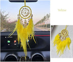 Small Dream Catcher for Car Handmade Boho Hanging Decor for Car Interior Rear View Mirror Feathers Dream Catchers Charms Ornament(Yellow)