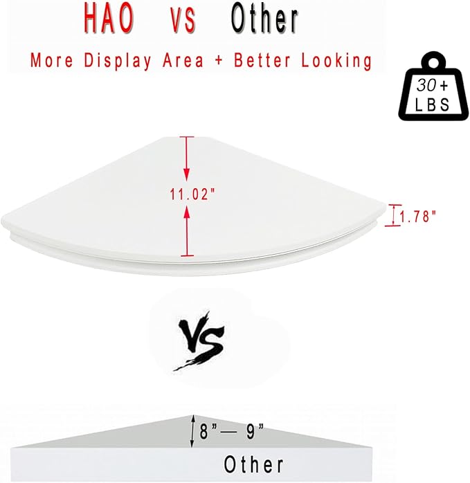 HAO Floating Corner Shelf Invisible Wall Mounted Shelves Radial Shape Cable Wire Hole Pattern Perfect for Bedroom Bathroom Living Room Kitchen Set of 2 White