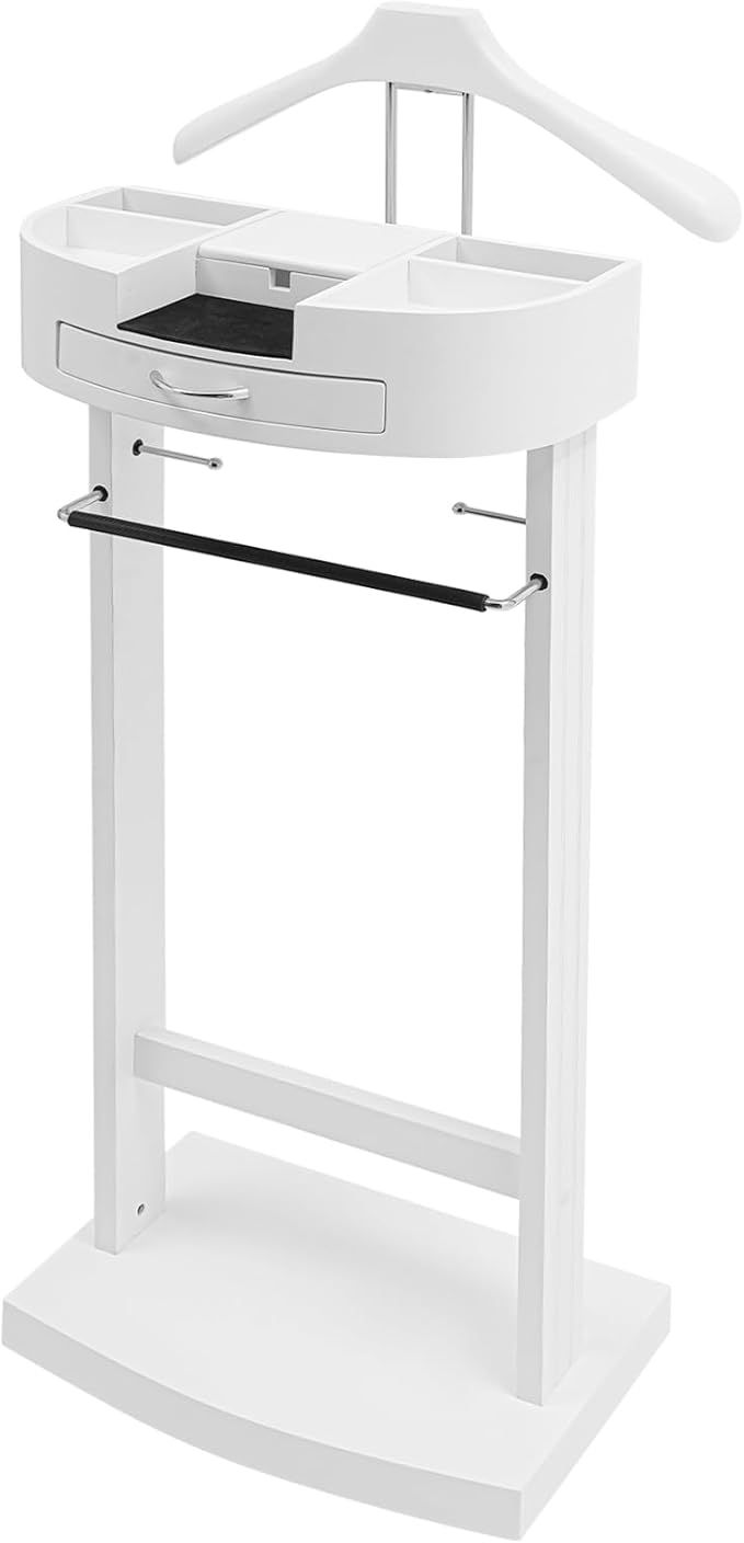 66.14 Lbs Capacity Wood Valet Stand, Clothes Valet Rack with Drawer Top Tray, Freestanding Clothing Stand with Contour Hanger Trouser Bar Tie & Belt Hooks and Shoe Rack, Walnut Color