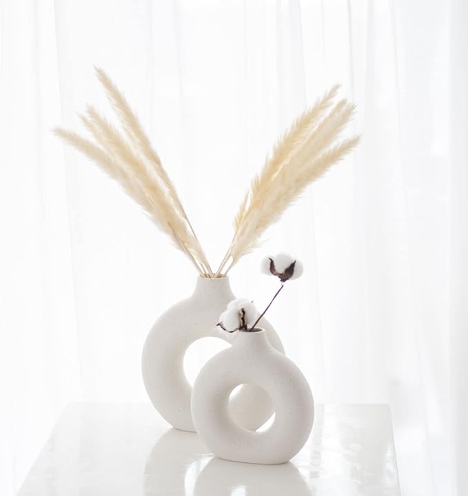 CEMABT White Donut Vase Hollow Ceramic Vase for Flowers Handmade Minimalist Boho ins Style Modern Home Decor for Wedding Dinner Table Party Living Room Office Bedroom(S)