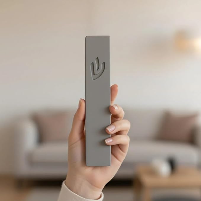 SURI Mezuzah for Door – 7 Inch Light Gray Concrete Mezuzah Case with Printed Scroll, Self-Stick Jewish Entry Design, Fits a 6 Inch Scroll, Gift Box Included
