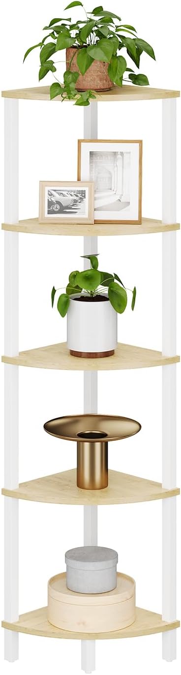 VIMBER Corner Shelf, 5-Tier Corner Bookshelf, Industrial Corner Ladder Shelf, Rustic Display Shelf for Living Room, Bedroom, Kitchen, Home Office, White and Nature Wood Color UJSJ001Q