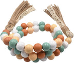 Wood Beads Garland with Tassels, 42.4in Farmhouse Rustic Style Colorful Wood Beads String, Large Antique Wooden Prayer, Boho Home Festival Decor Garland Rosary Rope