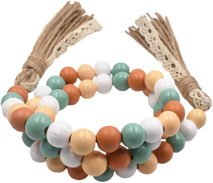 Wood Beads Garland with Tassels, 42.4in Farmhouse Rustic Style Colorful Wood Beads String, Large Antique Wooden Prayer, Boho Home Festival Decor Garland Rosary Rope