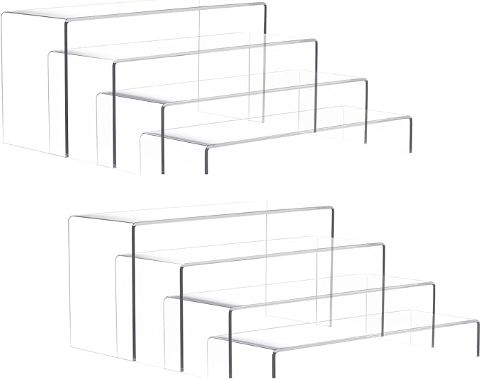 Anglelife 8 Pieces 2 Set (7”L~8”L~9”L) Large Display Risers, 4" Wide Clear Rectangular Stand Shelf for Showcase Collectibles, Acrylic Cake Shelves for Retail Desktop Jewelry Funko Pop Figures