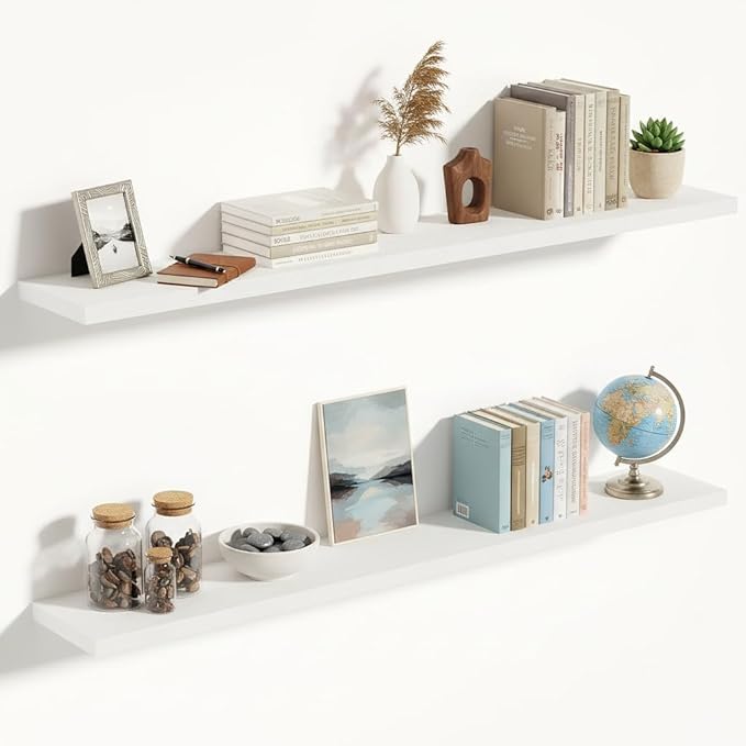 Vivelove 10 in Deep Floating Shelves for Wall, 55" x 10.2" x 1.5" Shelves for Room Wall Mounted, 1.5 Inch Thick Shelf for Bathroom Bedroom Kitchen Book Room, Modern Farmhouse Decor, Set of 2, White
