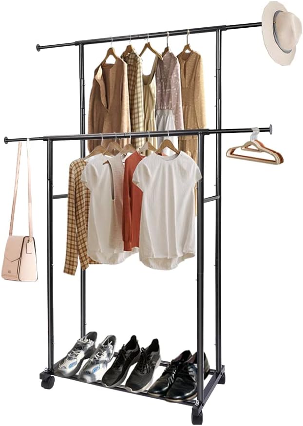 Fishat Black Simple Standard 2 Double Rod Clothing Metal Garment Rack for Hanging Clothes, Rolling Clothes Organizer with Mobile Lockable Wheels