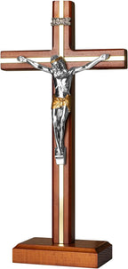 KUXBET Standing Crucifix Cross with Detachable Stand 10.6 Inch Catholic Wooden Jesus Christ Wall Hanging Cross for Home Decor - Antique Gold (10.6" L x 5.2" W)