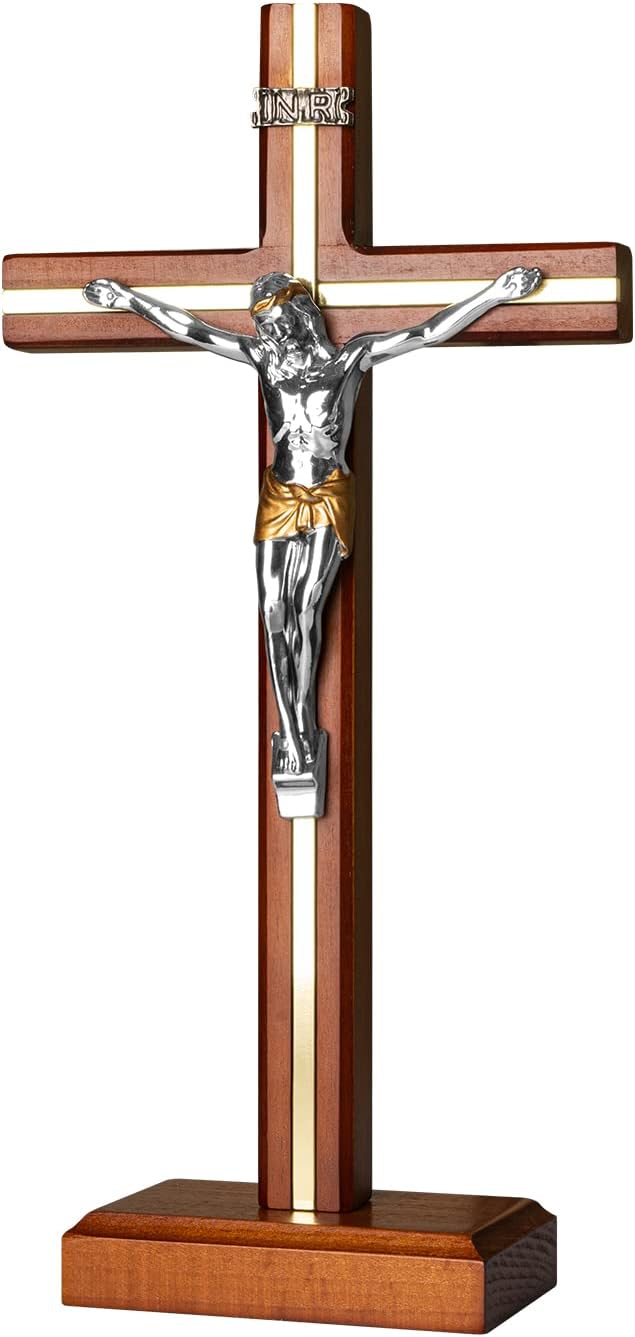 KUXBET Standing Crucifix Cross with Detachable Stand 10.6 Inch Catholic Wooden Jesus Christ Wall Hanging Cross for Home Decor - Antique Gold (10.6" L x 5.2" W)