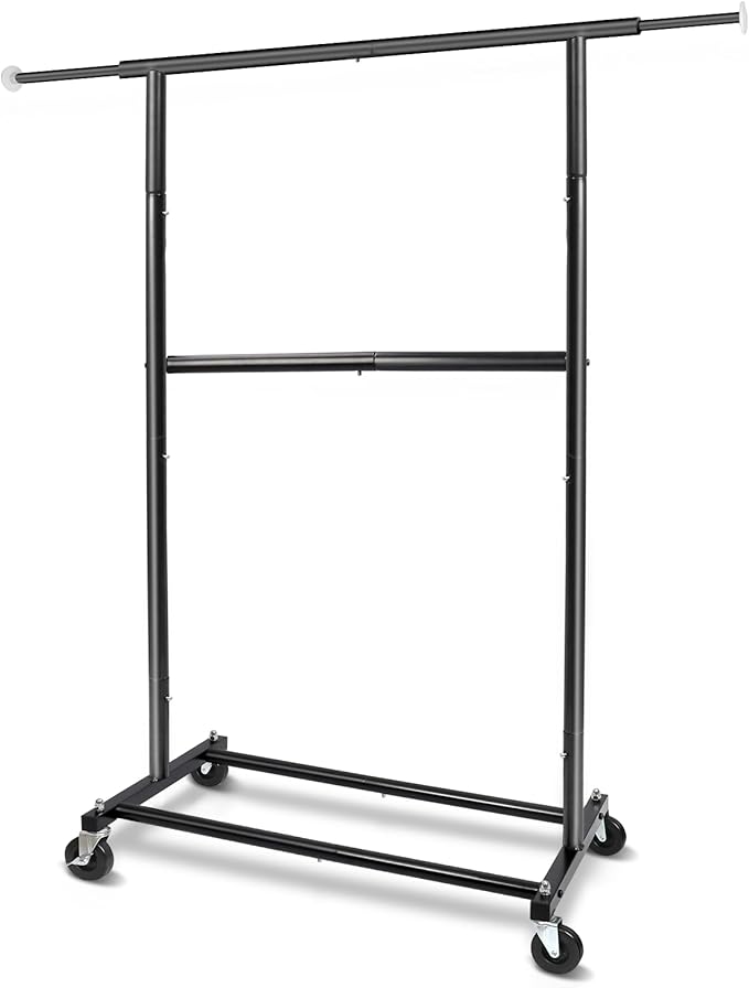 Black Simple Standard Rod Rolling Clothing Garment Rack, Metal Clothes Organizer with Lockable Wheels
