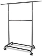 Black Simple Standard Rod Rolling Clothing Garment Rack, Metal Clothes Organizer with Lockable Wheels