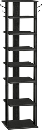 HOOBRO 8 Tiers Vertical Shoe Rack, Wooden Shoe Storage Organizer with Hooks, Narrow Shoe Tower for 8 Pairs, Space Saving, for Entryway, Living Room, Bedroom, Black BK07XJ01