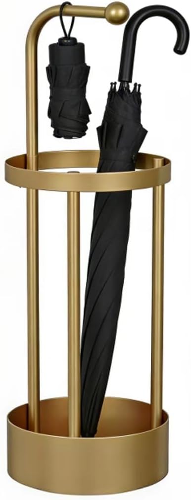 Golden Metal Umbrella Stand, 65cm Freestanding Umbrella Holder with Hooks, Round Base Umbrella Rack for Long & Foldable Umbrellas, Sturdy Iron Umbrella Organizer for Entryway, Home, Office, Hotel