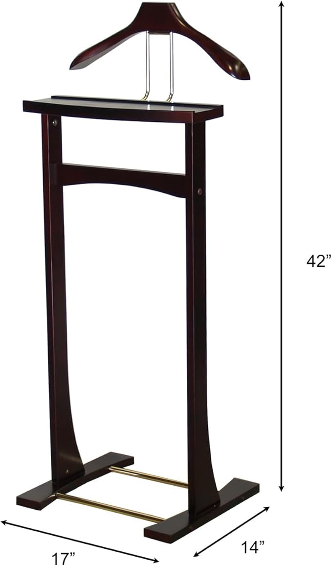 Proman Products Ashton Valet Suit Stand with Top Tray, Contour Hanger, Trouser Bar and Shoe Rack, 17" W x 14" D x 42" H, Dark Mahogany