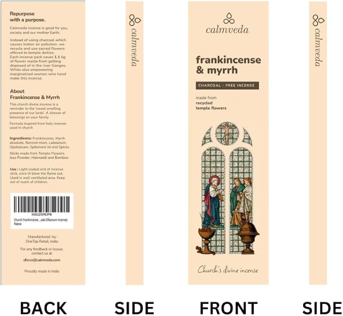 Calmveda Church Frankincense and Myrrh Incense - 80 Sticks, Charcoal Free, Handmade from Upcycled Flowers, Spiritual Healing Incense