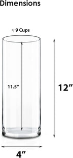 CYS Excel Clear Glass Cylinder Vase (H:12" D:4") | Multiple Size Choices Glass Flower Vase Centerpieces | Hurricane Floating Candle Holder