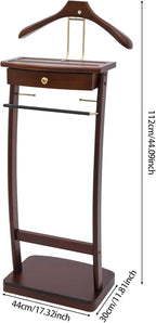 Suit Valet Stand for Men and Women, Wood Suit Stands Butler Clothing Rack, Floor Standing Clothes Valet with Drawer, Top Tray, Contour Hanger, Trouser Bar, Belt Hooks & Shoe Rack (Walnut Color)