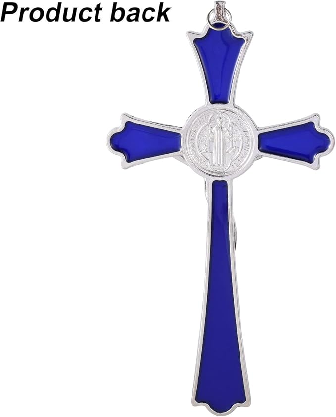 VINETEN Blue Enamel Crucifix Wall Cross -Saint Benedict Metal Wall Art-Cross Give Blessing and The Spiritual Sacred -Crucifix Gift for Grandma, boys Baptism Gift