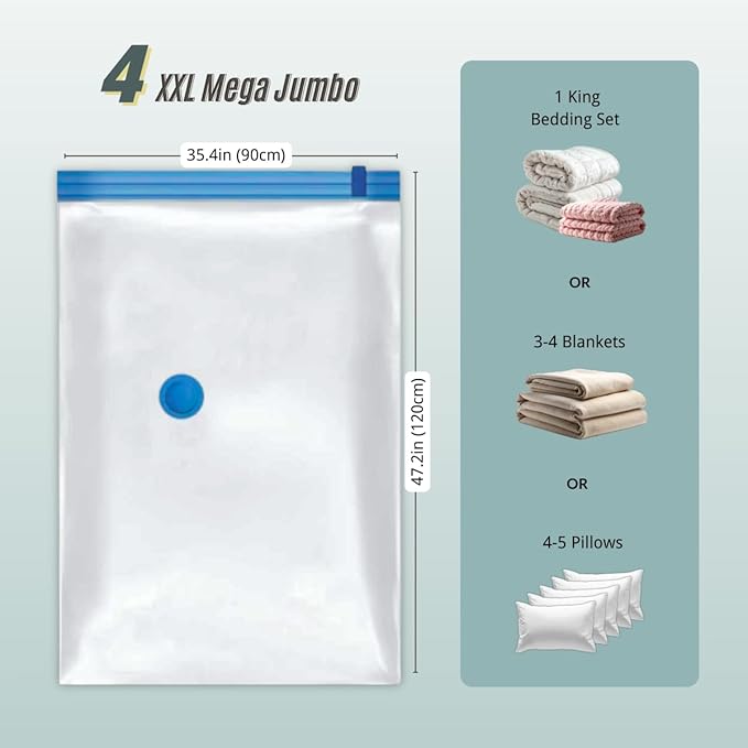 4 Mega Jumbo XXL Vacuum Storage Bags with Pump (47x35in), Supersized Compression Space Saver for Comforter, duvet, Bedding, Blanket storage, Vacuum Seal Bags for Clothing, Stuffed Toy, Cushions