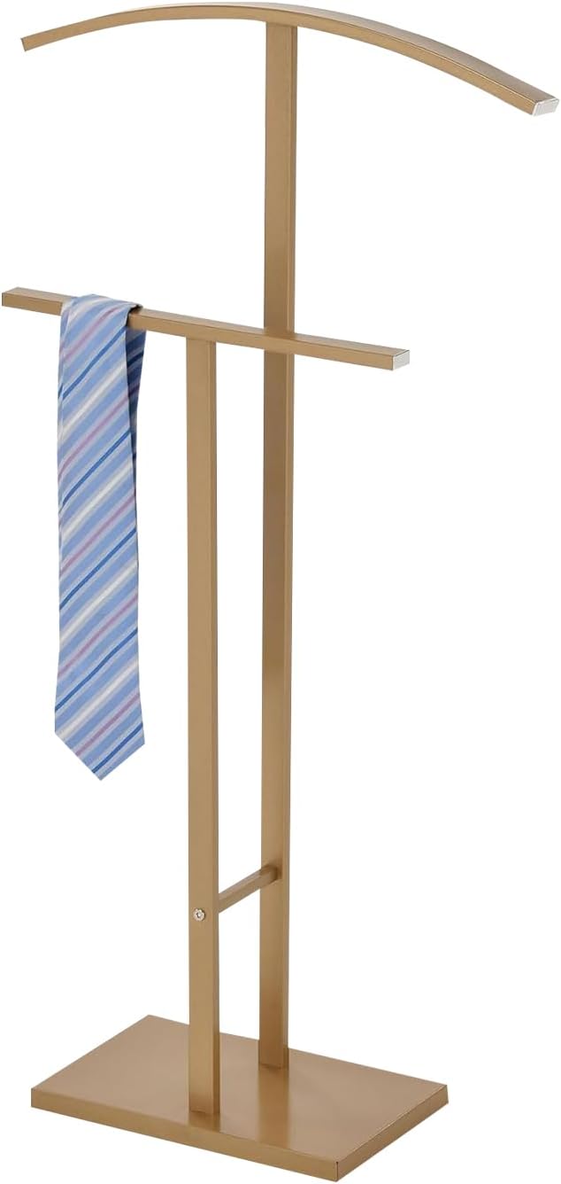 Kings Brand Furniture Dossi Modern Metal Suit Valet Stand, Clothes Rack Organizer with Jacket, Pants & Tie Holder, Space-Saving Garment Rack for Bedroom or Closet (Gold)