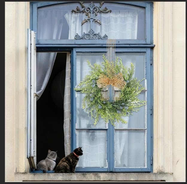 6 PCS Small Spring Summer Blue Berry Cabinet Wreath Artificial Mini Kitchen Wreaths Vintage Swags Wreath with Retro Burlap Ribbon for Farmhouse Rustic Home Front Door Window Pillar Wedding Chair Wall