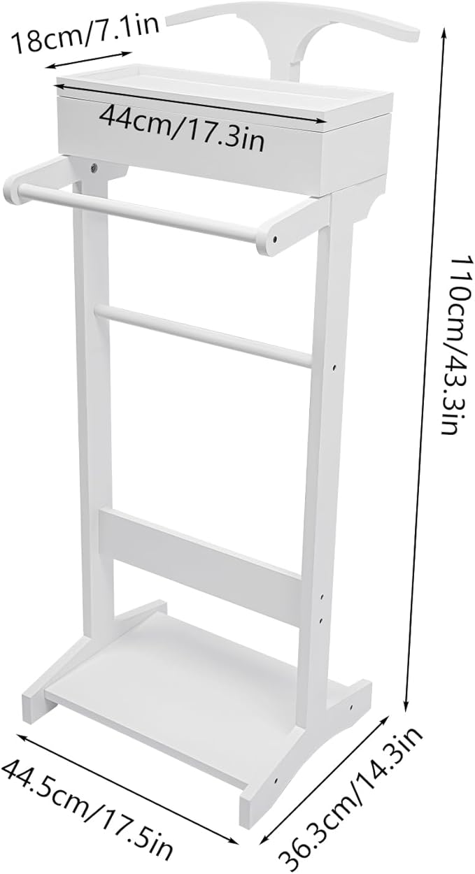Valet Stand for Men, 22.05 lbs Load Capacity Modern Freestanding Clothing Organizer Multi Role Wood Valets Stand Vintage Brown Birch Wood Suit Rack with Drawer & Trouser Holder for Bedroom (White)