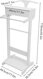 Wood Suit Rack Stand, Freestanding Valet Stand with Base and Drawer, Suit Valet Stands Organizer for Men and Women, Clothes Coat Valet Rack for Bedroom Office Entryway(White)