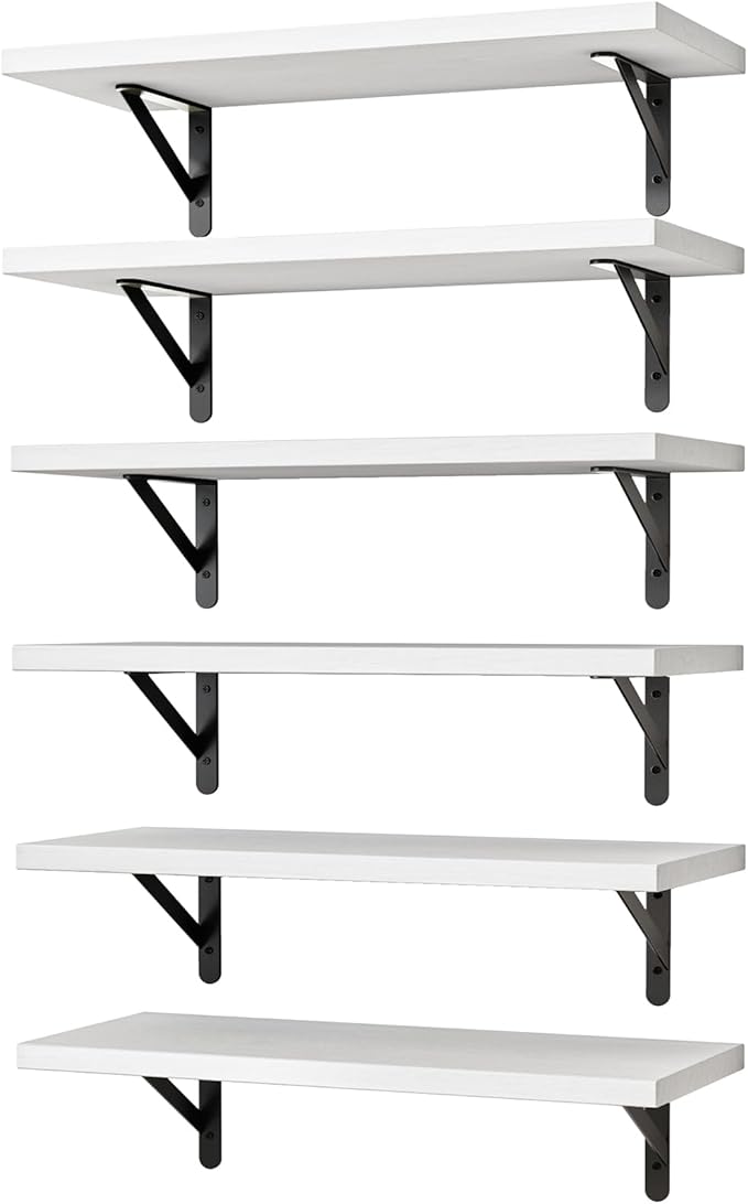 YGEOMER 16.5 Inch Floating Shelves for Wall, Farmhouse Wall Shelves for Bedroom, Bathroom Storage, Living Room and Kitchen Decor (Set of 6 White)