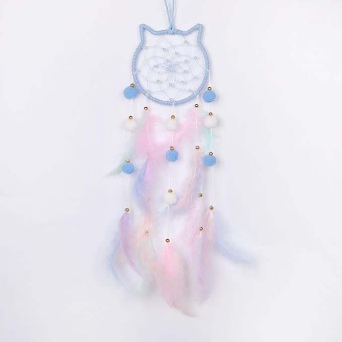 Pretty Jolly Blue Cat Kids Dream Catcher Wall Decor Pompom Feather Baby Dreamcatcher Handmade Children Dream Catcher Home Décor Wall Hanging for Nursery Bedroom Boys Girls Birthday Gift-25.6in