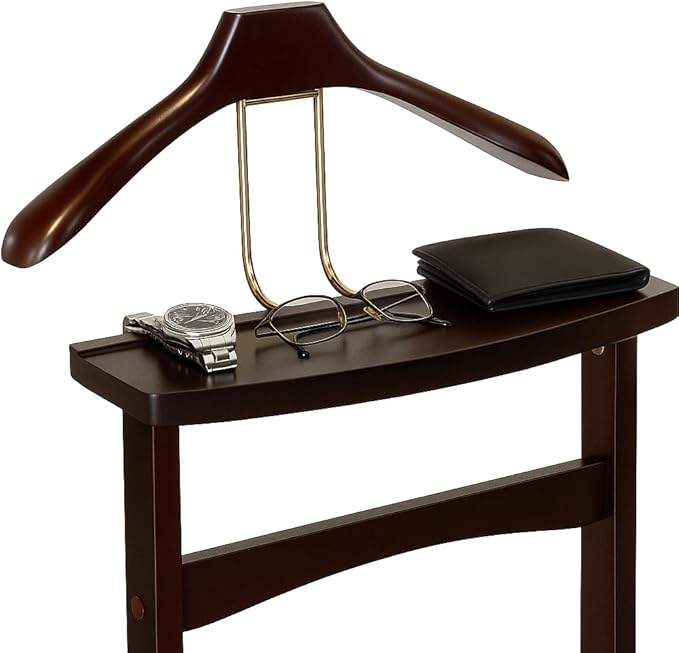 Proman Products Ashton Valet Suit Stand with Top Tray, Contour Hanger, Trouser Bar and Shoe Rack, 17" W x 14" D x 42" H, Dark Mahogany