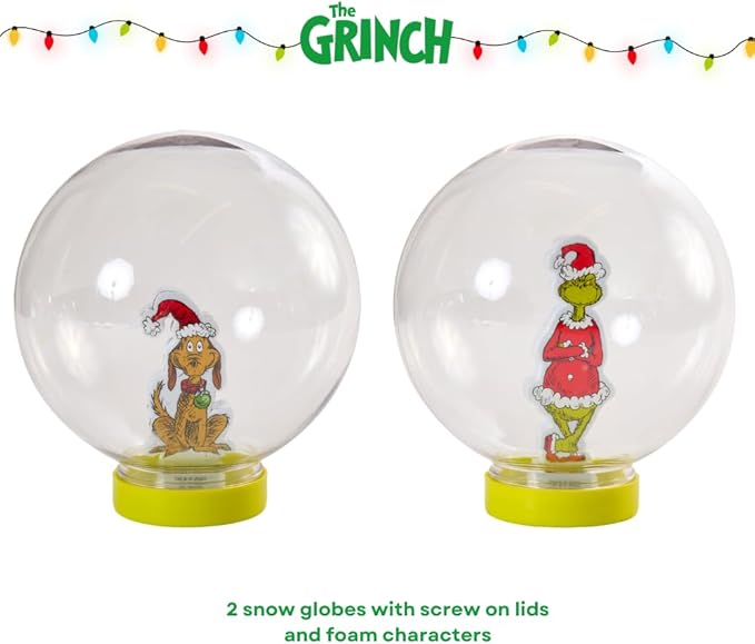 Dr Suess The Grinch Snow Globe Kit, DIY Snow Globe, Includes 2 Globes, Glitter, Sequins, Stickers – The Grinch and Max