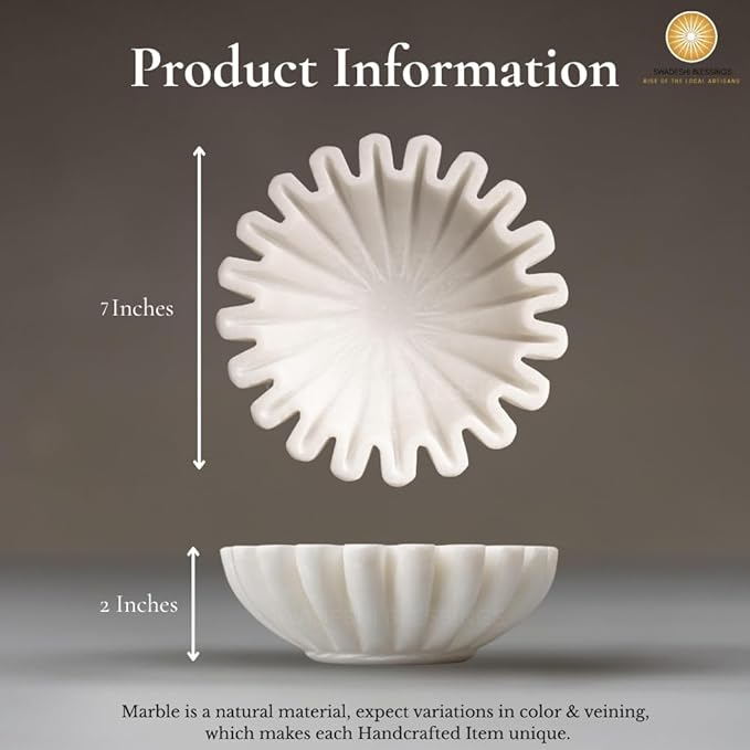SWADESHI BLESSINGS HandCrafted Marble Ruffle Bowl/Antique Scallop Bowl/Fruit Bowl/Vintage Ring Dish/Decorative Flower Dish/HouseWarming Gift/Wedding Gifts/Urli (7 Inches)
