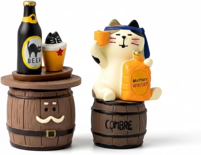 Funny Mini Cat Drinking Figurines Set - Resin Cat with Miniature Beer & Whiskey Barrel Figure for Desk Shelf Home Bar Decor, Unique Cat Lover Gift (Barrel Set)