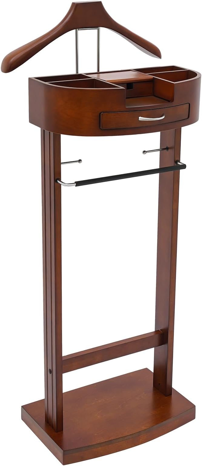 Valet Stand for Men, Valet Chair Clothes Butler with Storage Drawer,Vintage Brown Wood & Iron Bronze Suit Rack, Suit Valet Stands,Modern Valet Stand for Living Room Bedroom Entryway Home Office