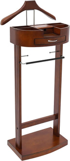 22 Lbs Capacity Wood Valet Stand, Clothes Valet Rack with Drawer Top Tray, Freestanding Clothing Stand with Contour Hanger Trouser Bar Tie & Belt Hooks and Shoe Rack, Brown