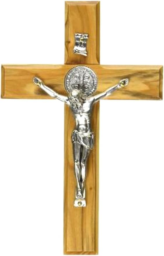 Holy Land Market Saint Benedict Wall Crucifix - Handmade Olive Wood Cross, Silver Tone Corpus, Catholic Home Decor, 12 Inches