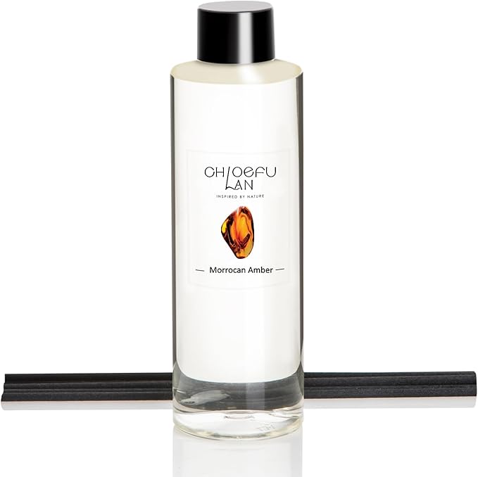 Morrocan Amber Scented Oil Diffuser Refill 6.76 fl oz Natural Essential Oil - Best for Home Bathroom Shelf Decor, 0% Alcohol, Unique Blend to Promote Sleep & Relieve Stress