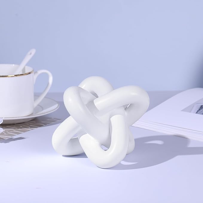 White knot sculpture, three-knot sculpture white home decor accent, suitable for rustic-style coffee table stands, living room TV cabinets, dining tables, entryway shelves, and small decorations.
