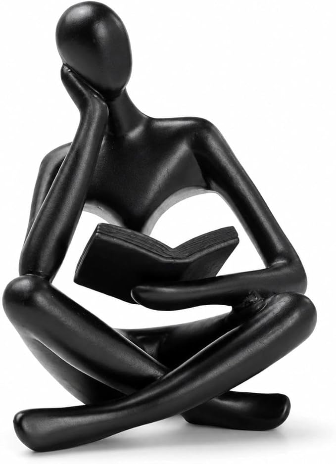Black Bookshelf Decor Thinker Statue, Abstract Reading Figurine Style A, Resin Decorative Bookend for Coffee Table, Shelf, Home Office, Library