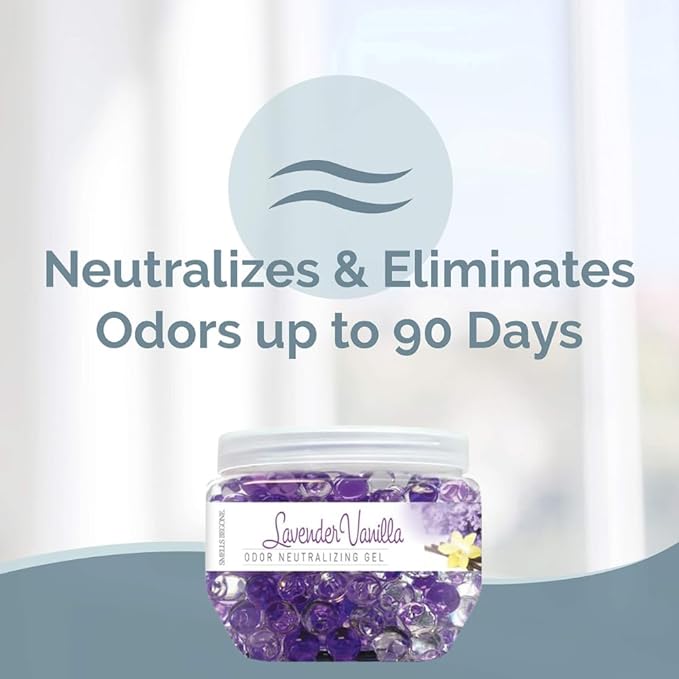 SMELLS BEGONE 12 oz Odor Eliminator Gel - Air Freshener - Absorbs & Eliminates Odors in Pet Areas, Bathrooms, Boats, RVs & Cars - Made with Essential Oils - Lavender Vanilla (2-Pack)
