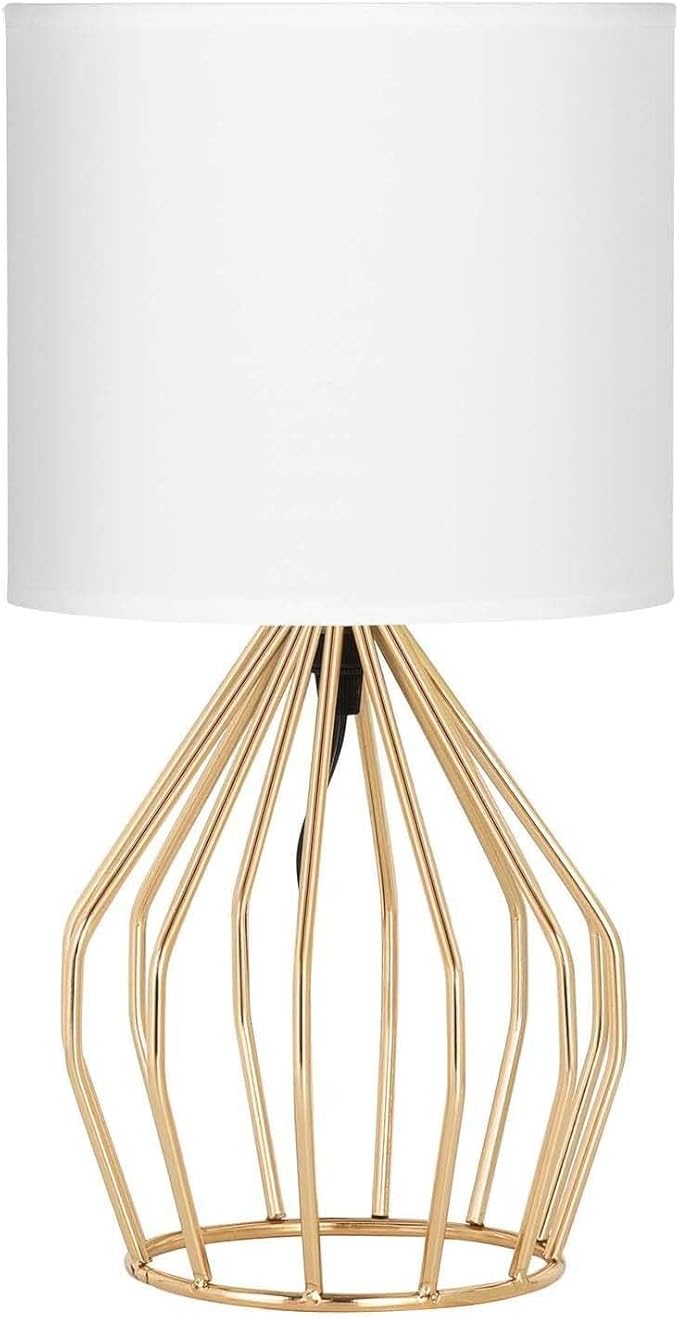 HAITRAL Gold Table Lamp - Modern Style Desk Lamp with Hollowed Out Base Linen Fabric Shade, Small Golden Bedside Lamp for Bedrooms, Living Room