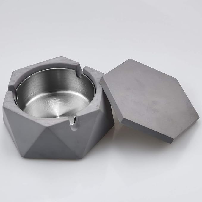 FREELOVE Concrete Ashtray with Lid & Stainless Steel Ashtrays for Cigarettes, Cement Ash Tray Smoking Holder Indoor Smokeless Outdoor Windproof Patio Home Office Cool Decor(Grey, Small)