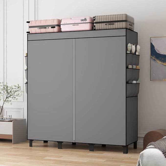 Portable Closet, 51.18" Large Capacity Clothing Storage Organizer with 3 Hanging Rods 6 Shelves 18 Side Pockets, Dustproof Sturdy Wardrobe for Bedroom Dorm Rental Apartment (Grey, Large)