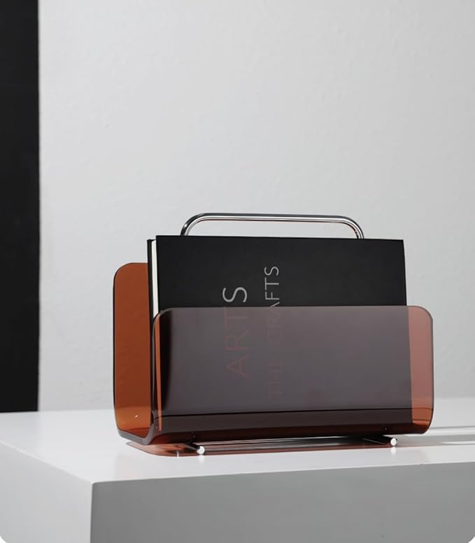 Magazine Holder, Brown Clear Acrylic with Stainless Steel Handle, Tabletop Display Stand